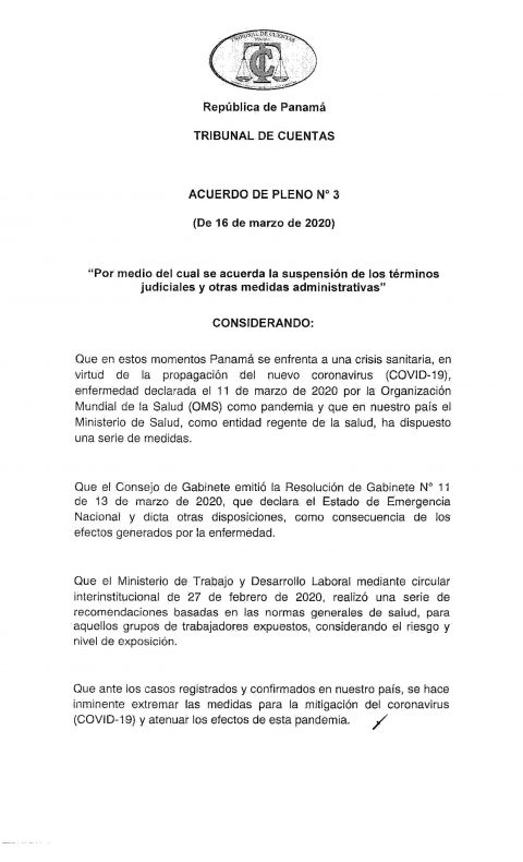 ACUERDO DE PLENO N° 3 «Se suspenden los Términos Judiciales y otras Medidas Administrativas».