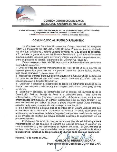 COMUNICADO: DE LA COMISIÓN DE DERECHOS HUMANOS AL PUEBLO PANAMEÑO