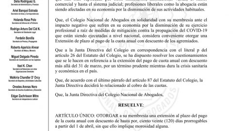 EL COLEGIO NACIONAL DE ABOGADOS EXTIENDE DESCUENTO DE PAGO DE CUOTA 2020