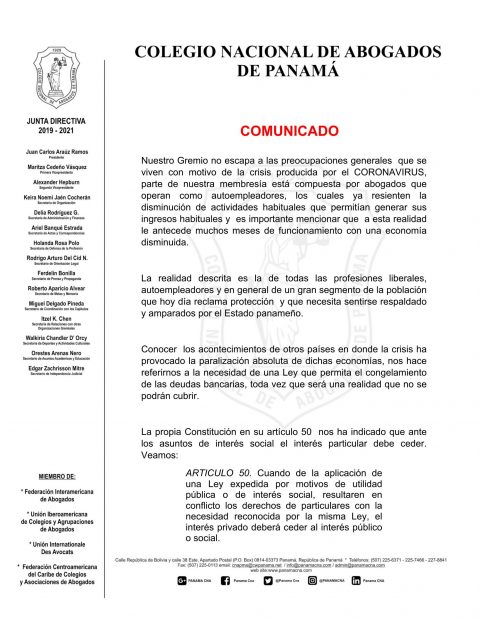 COMUNICADO: CNA PIDE LEGISLAR SOBRE SUSPENSIÓN DE OBLIGACIONES CREDITICIAS.