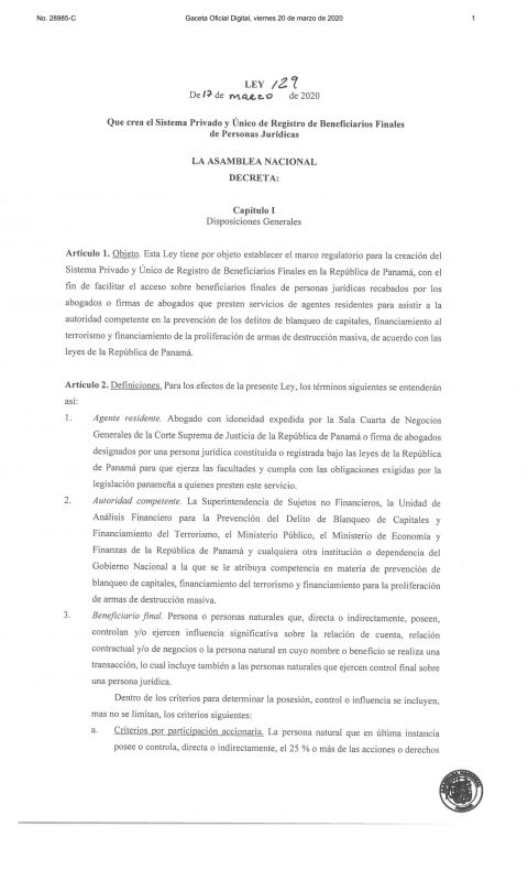 LEY 129 – Se crea el Sistema Privado y Único de Registro de Beneficiarios Finales de Personas Jurídicas.