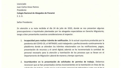 NOTA DE LA MINISTRA DE TRABAJO DORIS ZAPATA EN RESPUESTA A INQUIETUDES PLANTEADAS POR ABOGADOS DE DERECHO MIGRATORIO