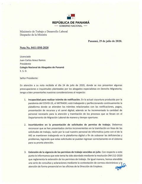 NOTA DE LA MINISTRA DE TRABAJO DORIS ZAPATA EN RESPUESTA A INQUIETUDES PLANTEADAS POR ABOGADOS DE DERECHO MIGRATORIO