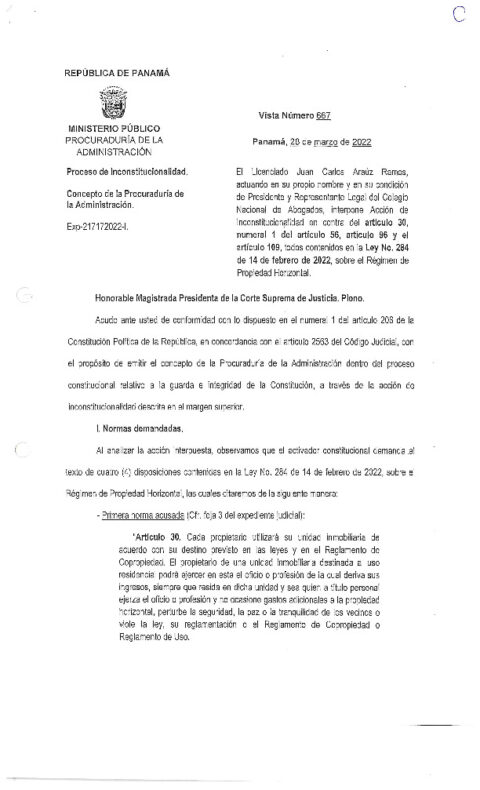 CONCEPTO DE LA PROCURADORÍA DE LA ADMINISTRACIÓN, VISTA N°667 DE 28 DE MARZO DE 2022