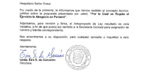 RECIBIDO DE CONCEPTO TÉCNICO-JURÍDICO SOBRE LA PROPUESTA PRESENTADA «POR LA CUAL SE REGULA EL EEJERCICIO DE LA ABOGACÍA EN PANAMÁ»