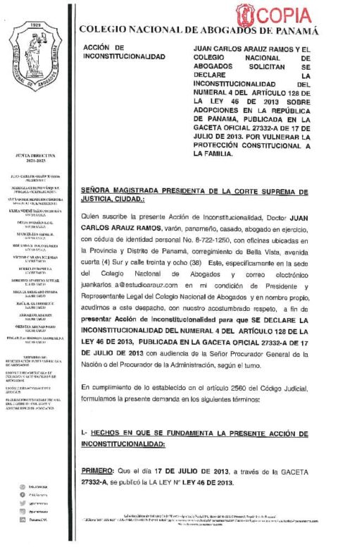 SOLICITUD DE DECLARACIÓN DE INCONSTITUCIONALIDAD DEL NUMERAL 4 DEL ARTÍCULO 128 DE LA LEY 46 DE 2013 SOBRE ADOPCIONES EN LA REPÚBLICA DE PANAMÁ