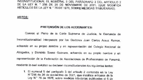 Demanda de Inconstitucionalidad Interpuesta por los Doctores Juan Carlos Arauz Ramos Actuando en su Propio Nombre y en Representación de la Federación de Asociaciones de Profesionales de Panamá, Para que se Declare Inconstitucional el Numeral 5 del Parágrafo 3 del Artículo 2 de la Ley N° 256 de 26 de Noviembre de 2021. (Que Modifica Artículos de la Ley N° 76 de 1976, Sobre Medidas Tributarias).