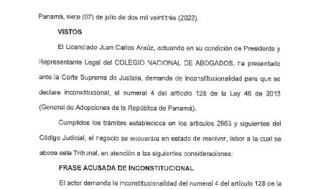 DEMANDA DE INCONSTITUCIONALIDAD, NUMERAL 4 DEL ARTÍCULO 128 DE LA LEY 46 DE 2023 (GENERAL DE ADOPCIONES)